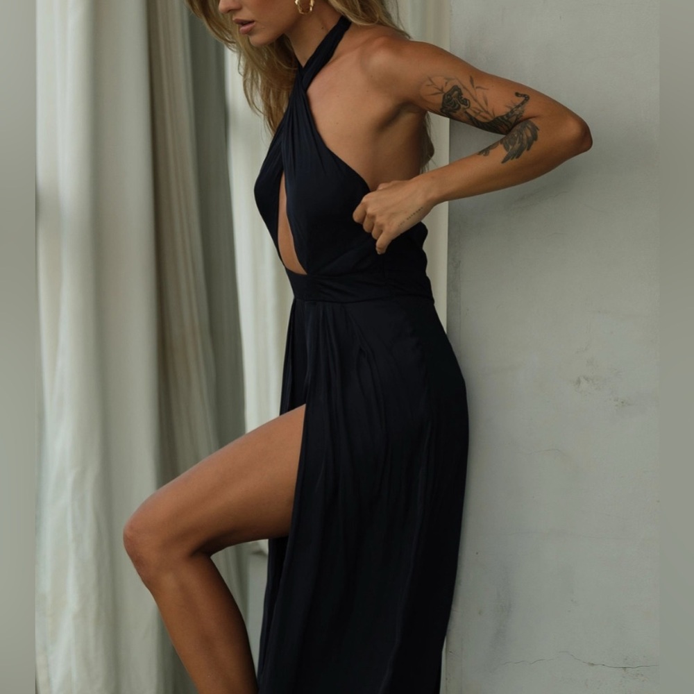 Goddess Festival Lightweight Halter Low-Back Bohemian Black Dress - Free People - Picture 6 of 11